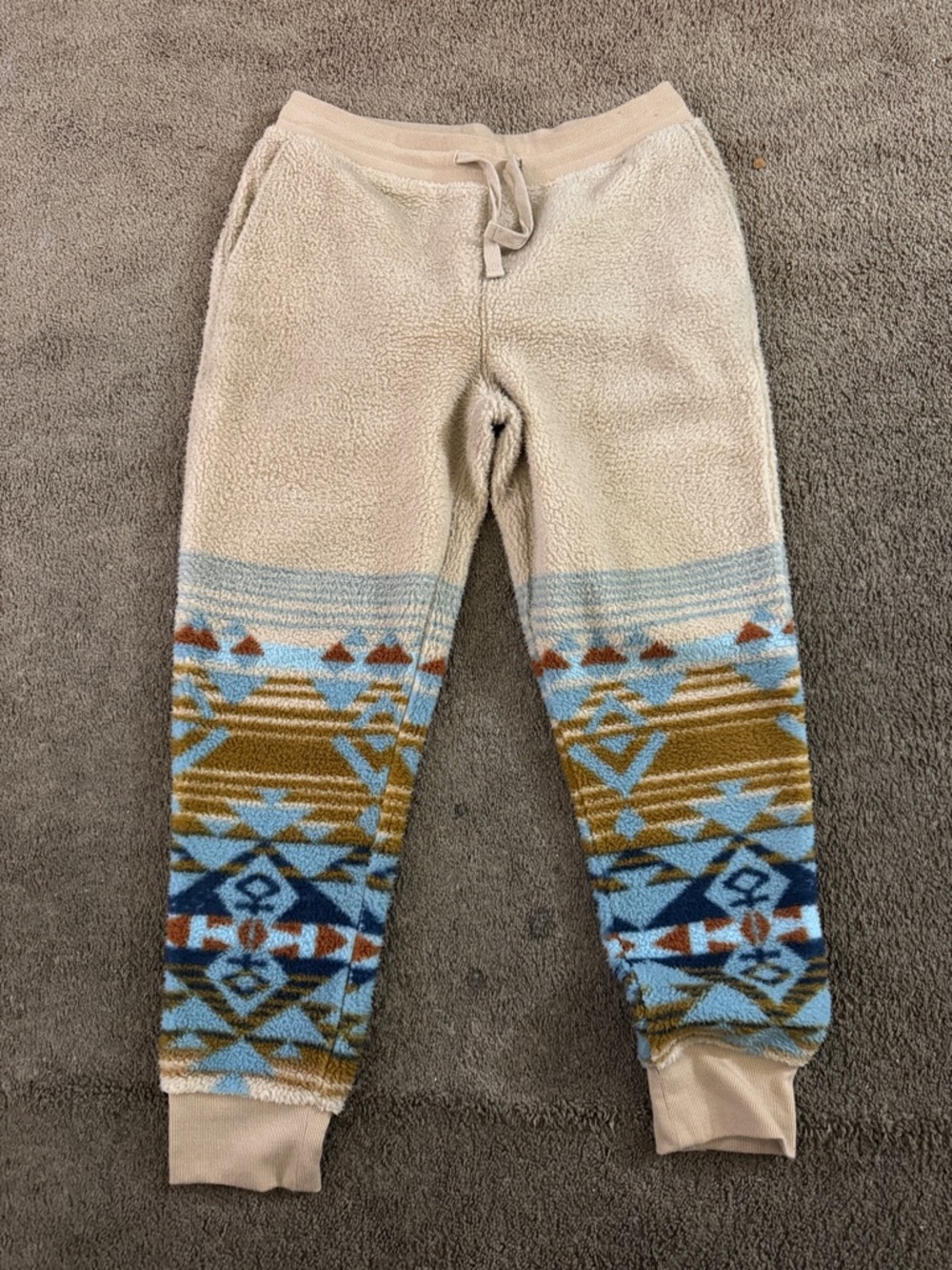 Sun + Stone Cream Fleece Joggers with Blue & Brown Aztec Pattern